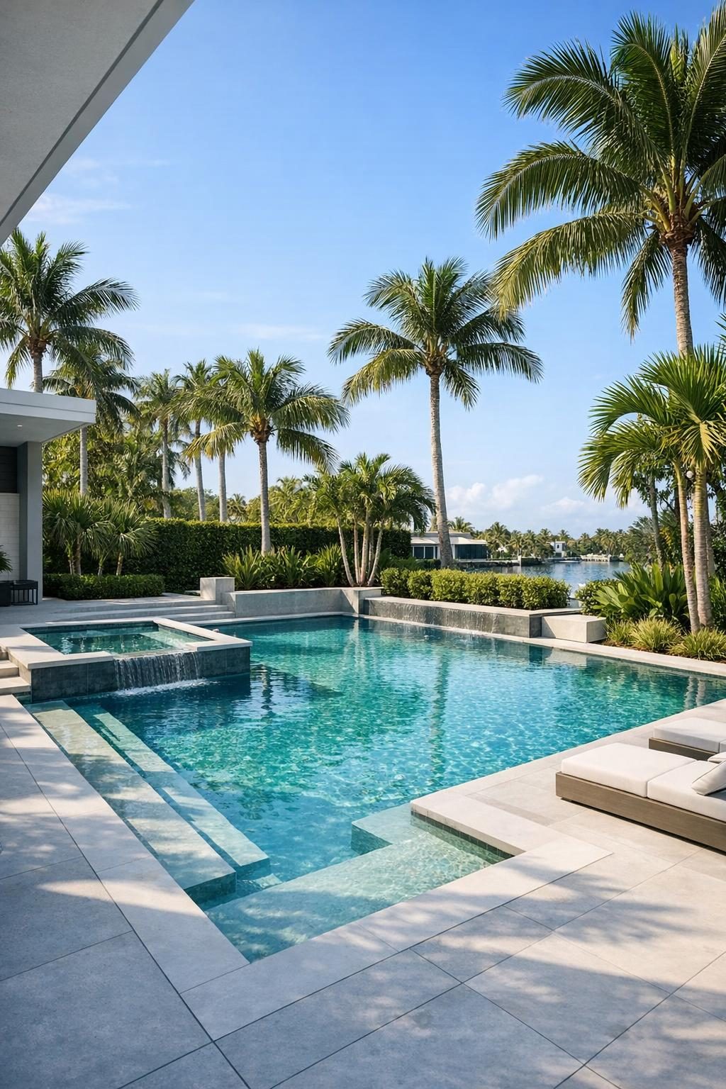 a completed pool with palm trees